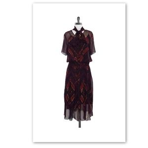 Adam Lippes Black and Multi Color Print Silk Sheer Tie Neck Dress Size 6